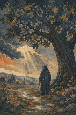 Refuge Beneath Ancient Oak in Storm