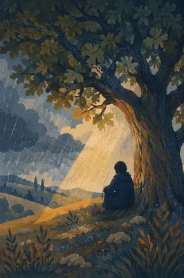 Refuge Beneath Great Oak in Storm