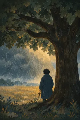 Refuge Beneath Great Oak in Storm