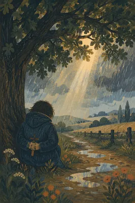Refuge Beneath Great Oak During Storm