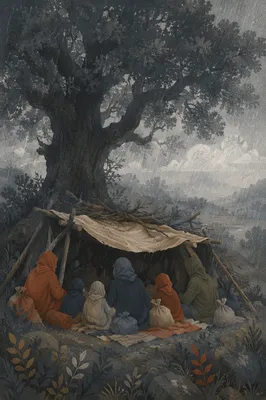 Refuge Beneath Ancient Oak in Storm