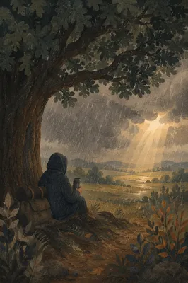 Traveler Sheltered Beneath Oak in Storm