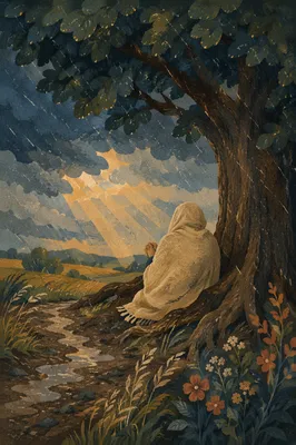 Refuge Beneath Great Oak in Storm