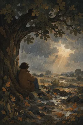 Refuge Beneath Ancient Oak in Storm