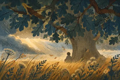 Refuge Beneath an Oak in Stormlight
