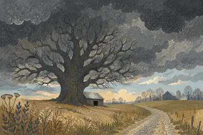 Refuge Beneath Stormy Old Oak Tree