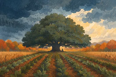 Refuge Beneath Great Oak in Storm
