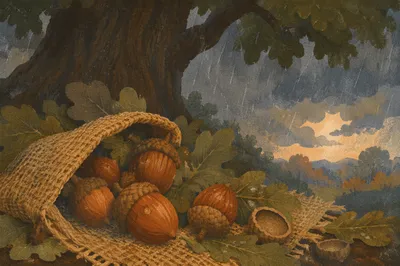 Acorns Sheltered Beneath Stormy Oak