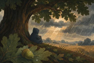 Refuge Beneath Great Oak in Storm
