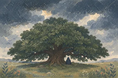 Refuge Beneath a Great Oak Storm