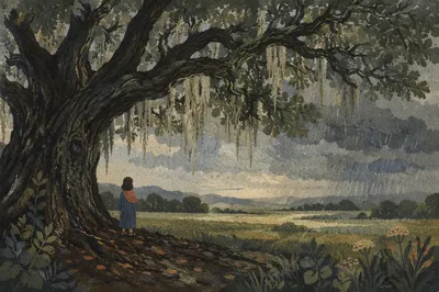 Refuge Beneath Great Oak in Storm