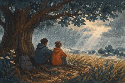 Refuge Beneath Great Oak in Storm
