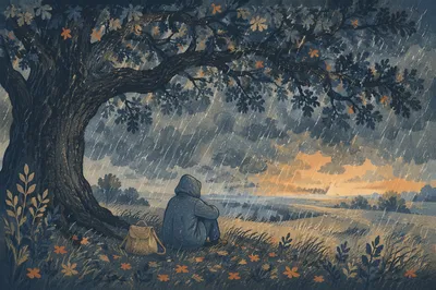 Shelter Beneath the Oak in Storm
