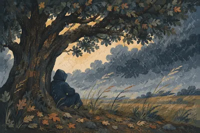 Refuge Beneath Oak Tree in Storm