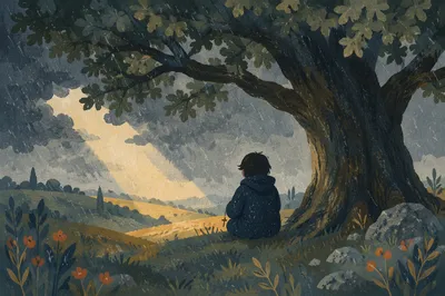 Refuge Beneath Great Oak in Storm