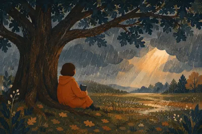 Refuge Beneath an Ancient Oak in Storm