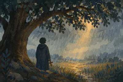 Refuge Beneath Oak During Storm