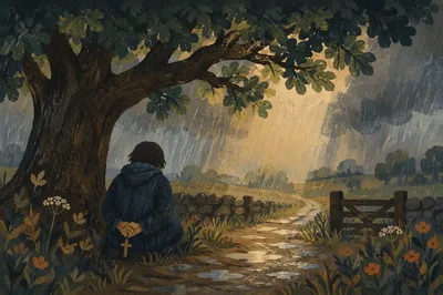 Refuge Beneath Oak in Summer Storm