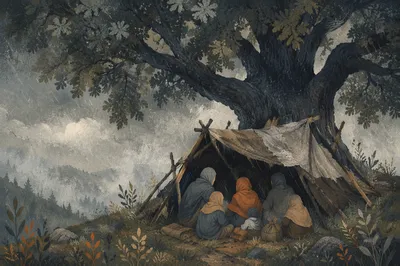 Refuge Beneath Ancient Oak in Storm