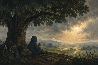 Traveler Sheltered Under Oak in Storm