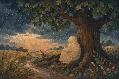 Refuge Beneath Great Oak in Storm