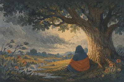Refuge Beneath Oak During Storm