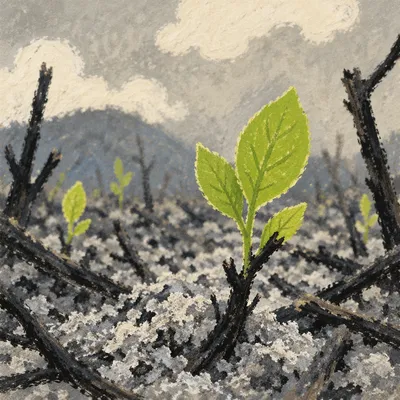 Fresh Green Shoot Rising From Ashes
