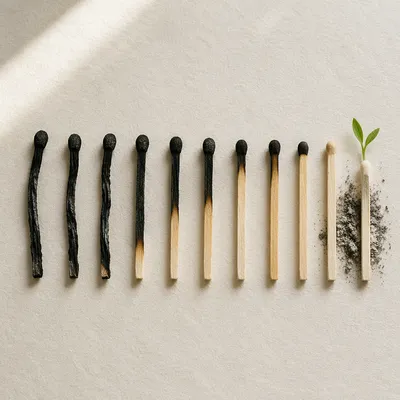 Green Shoot Rising From Charred Matchsticks