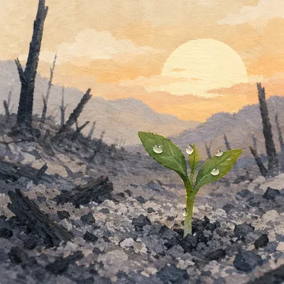 Fresh Green Shoot Rising From Ashes