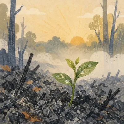 Green Shoot Rising Through Dawn Ashes