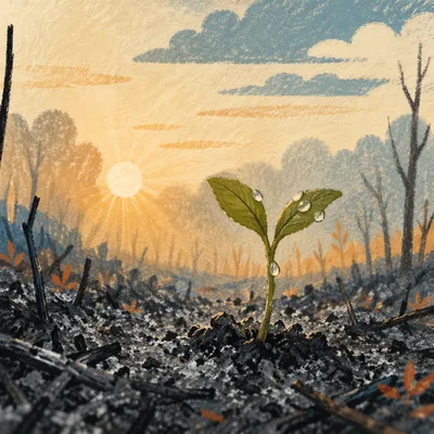 Fresh Green Shoot Rising from Ashes