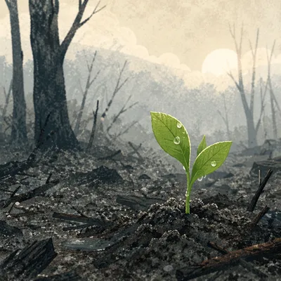 Fresh Green Shoot Rising from Ashes