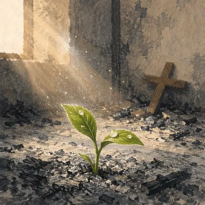 Green Shoot Rising From Prayer Room Ashes