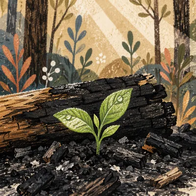 Green Shoot Rising From Charcoal Ash