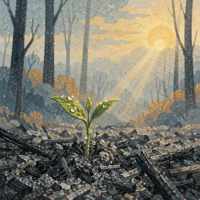 Green Shoot Rising From Morning Ashes