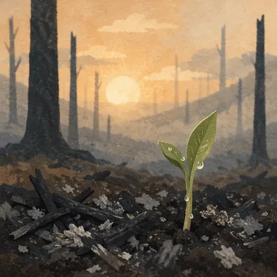 Green Shoot Rising From Ashes at Dawn