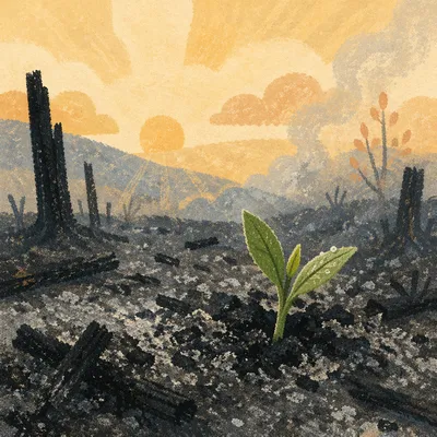 Green Shoot Rising Through Ashes at Dawn
