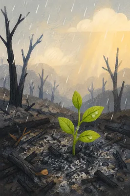Hopeful Green Shoot Rising from Ashes