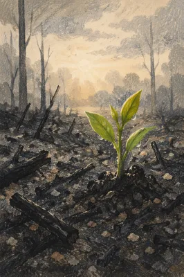 Hopeful Green Shoot Rising From Ashes
