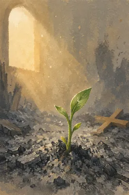 Green Shoot Rising Through Prayer Room Ashes