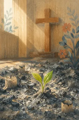 Green Shoot Rising Through Chapel Ashes