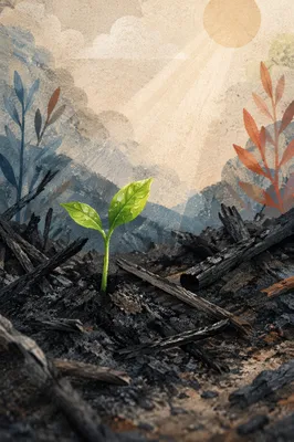 Green Shoot Rising Through Charcoal Ashes