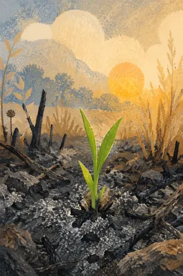 Green Shoot Rising from Ashes at Dawn