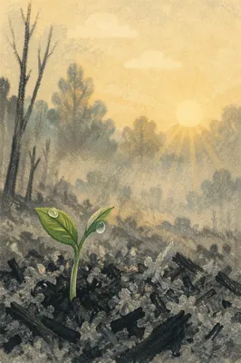 Green Shoot Rising from Ashes at Dawn