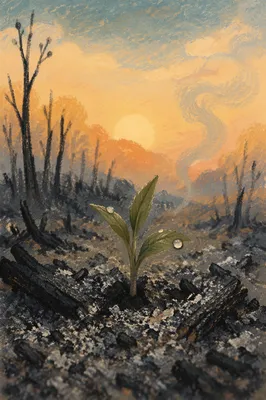 Green Shoot Rising from Ashes at Dawn
