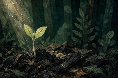 Green Shoot Rising From Charred Ashes