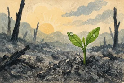 Hopeful Green Shoot Rising from Ashes