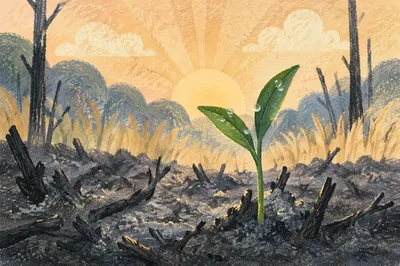 Green Shoot Rising from Ashes at Dawn