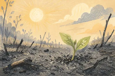 Fresh Green Shoot Rising from Ashes