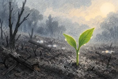 Hopeful Green Shoot Rising From Ashes